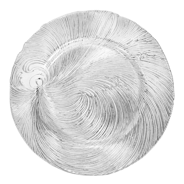 Platou Decorativ Rotund de Craciun din Sticla Argintie cu Model Reliefat Ø33x2 cm