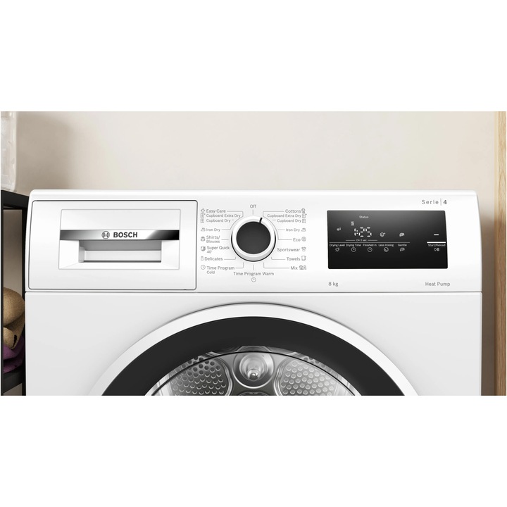 Uscator de rufe Bosch WTH85209BY, Pompa de caldura, 8 kg, 15 programe, AutoDry Technology, AntiVibration, Filtru EasyClean, Clasa D, Alb