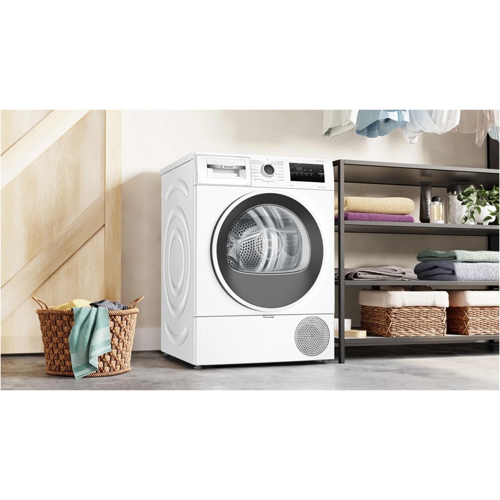 Uscator de rufe Bosch WTH85209BY, Pompa de caldura, 8 kg, 15 programe, AutoDry Technology, AntiVibration, Filtru EasyClean, Clasa D, Alb