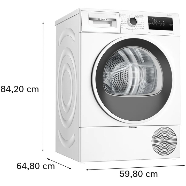 Uscator de rufe Bosch WTH85209BY, Pompa de caldura, 8 kg, 15 programe, AutoDry Technology, AntiVibration, Filtru EasyClean, Clasa D, Alb
