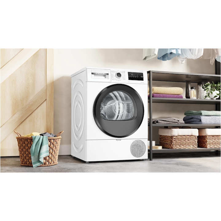 Сушилня Bosch WTH83255BY, Термопомпа, 8 кг, 15 програми, Технология AutoDry, Антивибрационна, Филтър EasyClean, Клас D, Бял