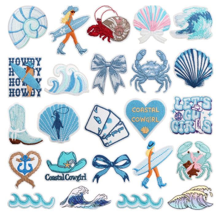 Set 24 petice decorative brodate ocean albastru pentru imbracaminte, Umetoop, adeziv termic, rezistent la spalare