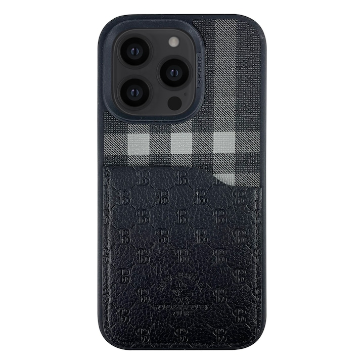 Prémium tok iPhone 14 Pro Santa Barbara Polo & Racquet Club kockás telefonhoz, fekete, Eco-bőr, kártyatartó
