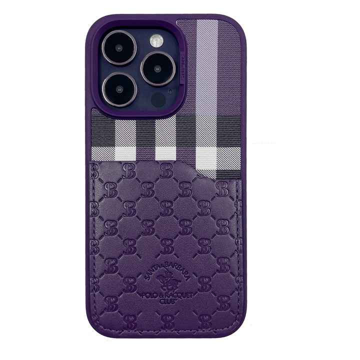 Премиум калъф за iPhone 14 Pro Santa Barbara Polo & Racquet Club Plaid Purple, еко кожа, картодържател