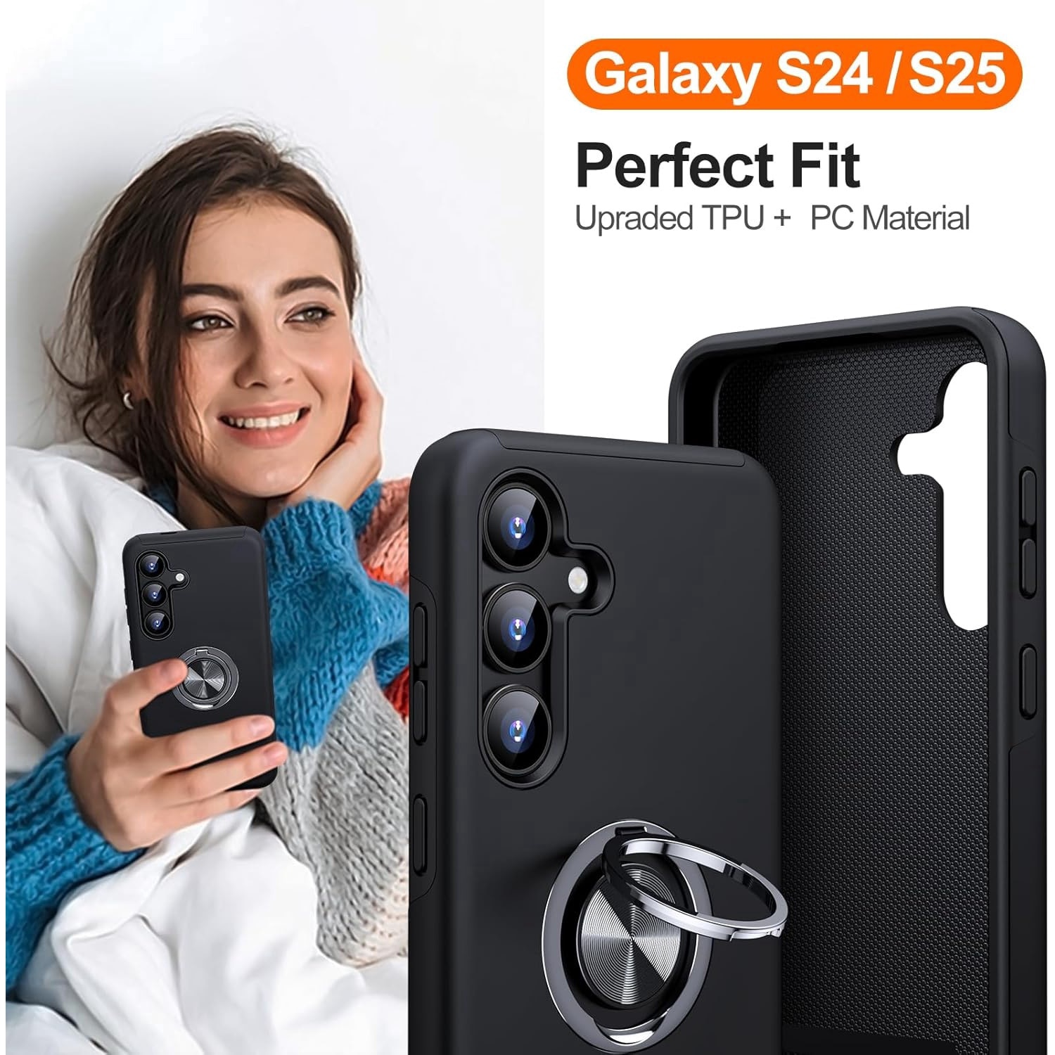 Husa de protectie pentru Samsung Galaxy S25, Hybrid Antisoc, Kickstand, Bumper inel rotativ 360, Black
