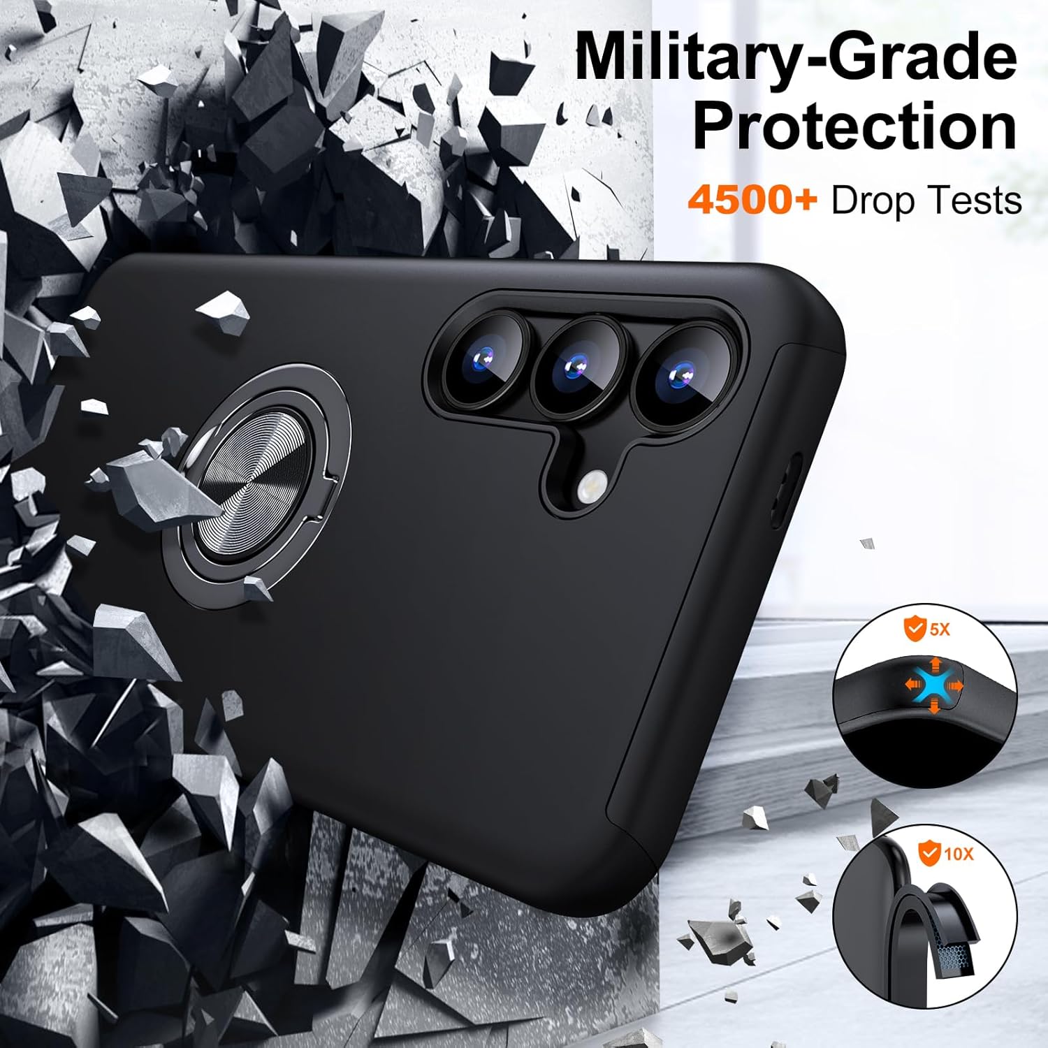 Husa Protectie Hybrid Antisoc pentru Samsung Galaxy S25 FE, Inel 360° si Suport Kickstand, TPU, Bumper Integrat, Negru