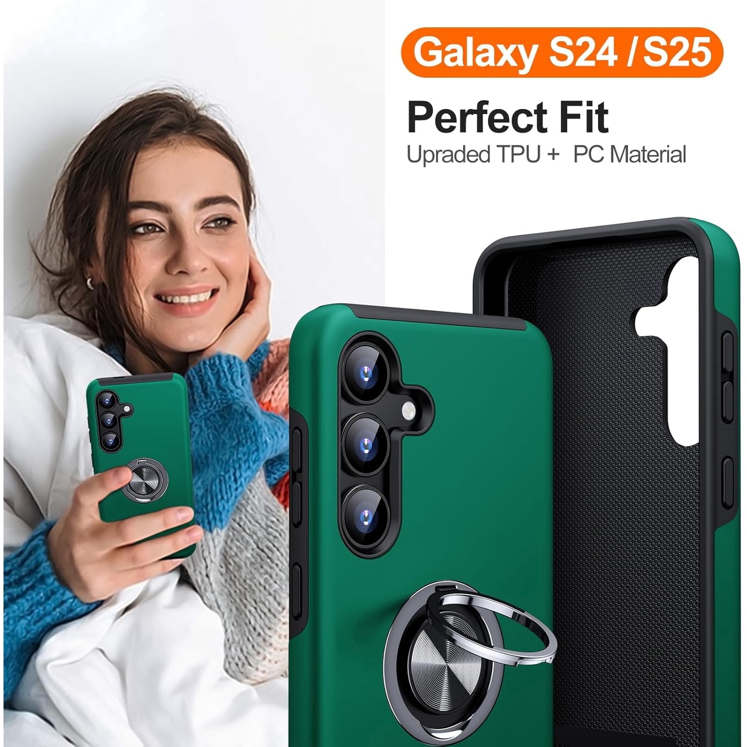 Husa de protectie pentru Samsung Galaxy S25, Hybrid Antisoc, Kickstand, Bumper inel rotativ 360, Green