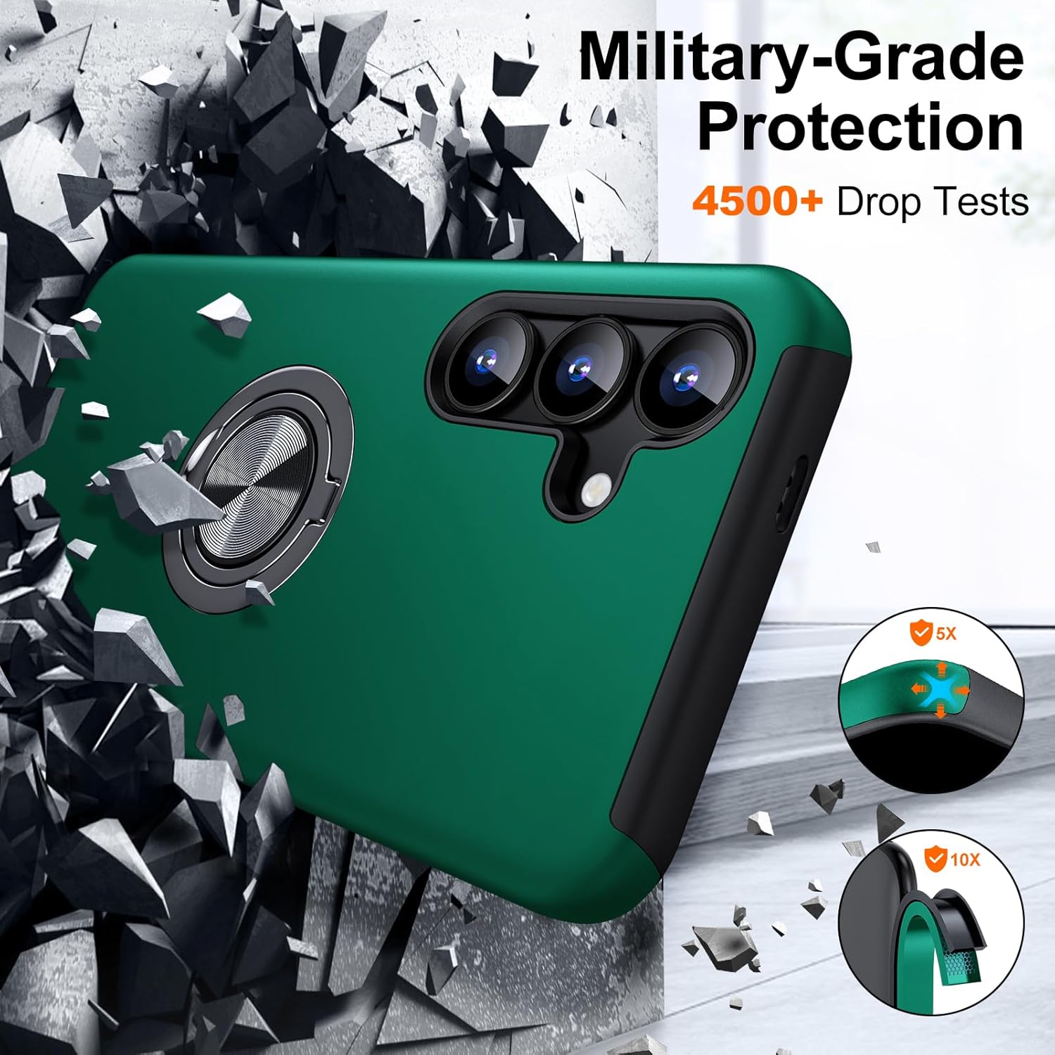 Husa Protectie Hybrid Antisoc pentru Samsung Galaxy S25 FE, Inel 360° si Suport Kickstand, TPU, Bumper Integrat, Green