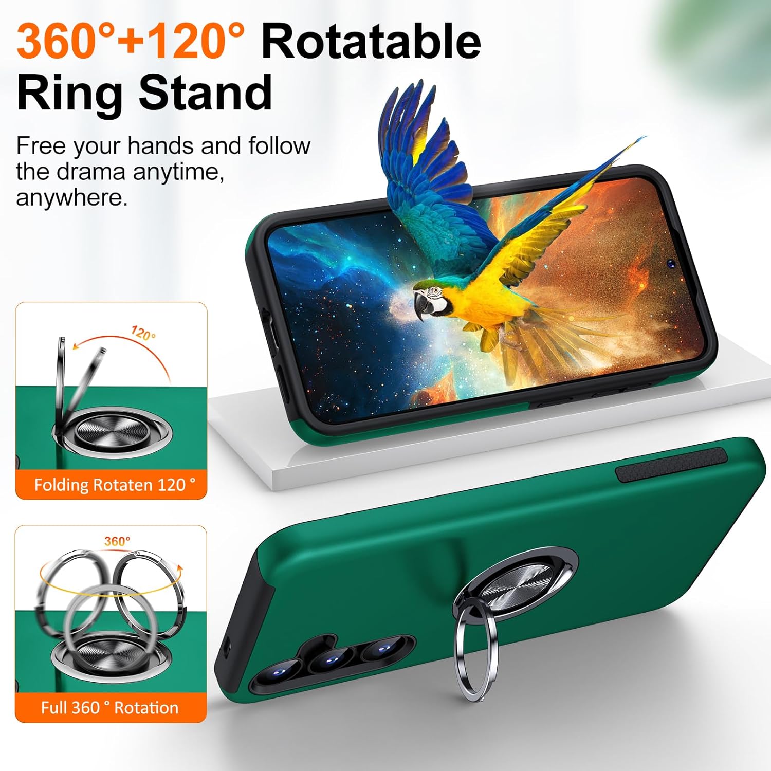 Husa Protectie Hybrid Antisoc pentru Samsung Galaxy S25 FE, Inel 360° si Suport Kickstand, TPU, Bumper Integrat, Green