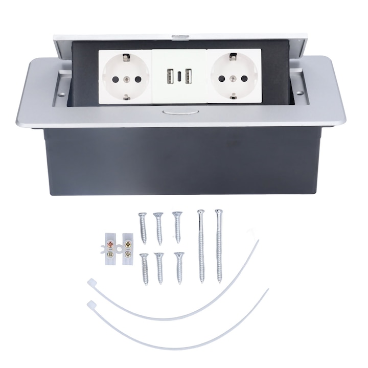 Електрически контакт, 2 гнезда, 2 x USB, 1 x USB Type-C, Вграден монтаж, Сив