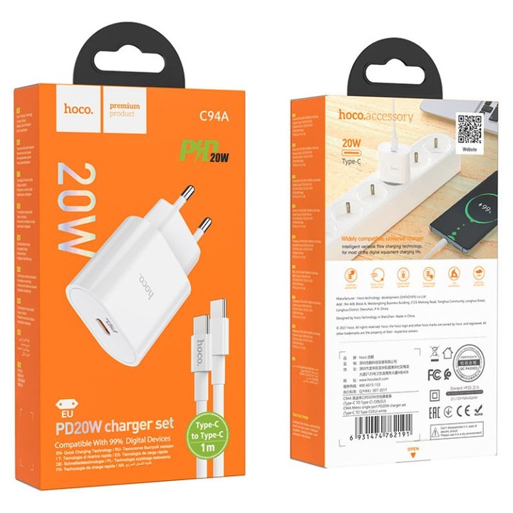 Set Incarcator pentru iPhone 15/16 si Android, Adaptor Hoco C94A + Cablu Type-C 1m, Incarcare rapida PD20W, Alb