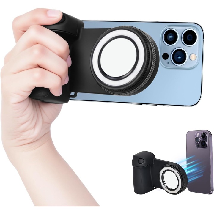 Lampa de selfie magnetica, iluminare LED reincarcabila, suport cu telecomanda Bluetooth, accesoriu compatibil MagSafe, negru, 11.7x8.3x4cm