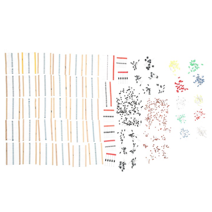 Комплект електронни компоненти Enforose, 200 LED диода, 600 резистора, 120 електролитни кондензатора, 300 керамични кондензатора, 180 транзистора, многоцветен