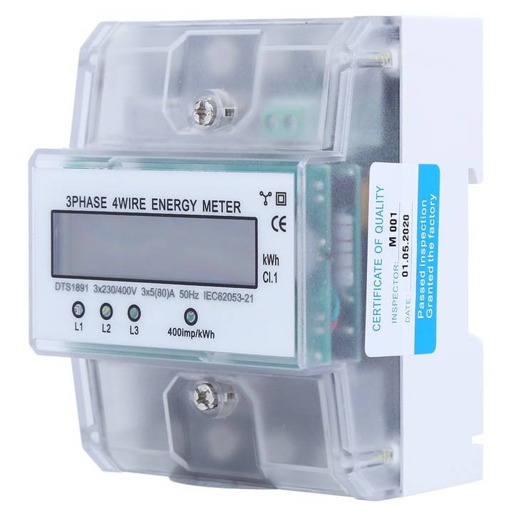 Contor de energie trifazic Enforose, 4 module, 3x230/400V, 3x5(80)A, LCD, 100x76x35mm
