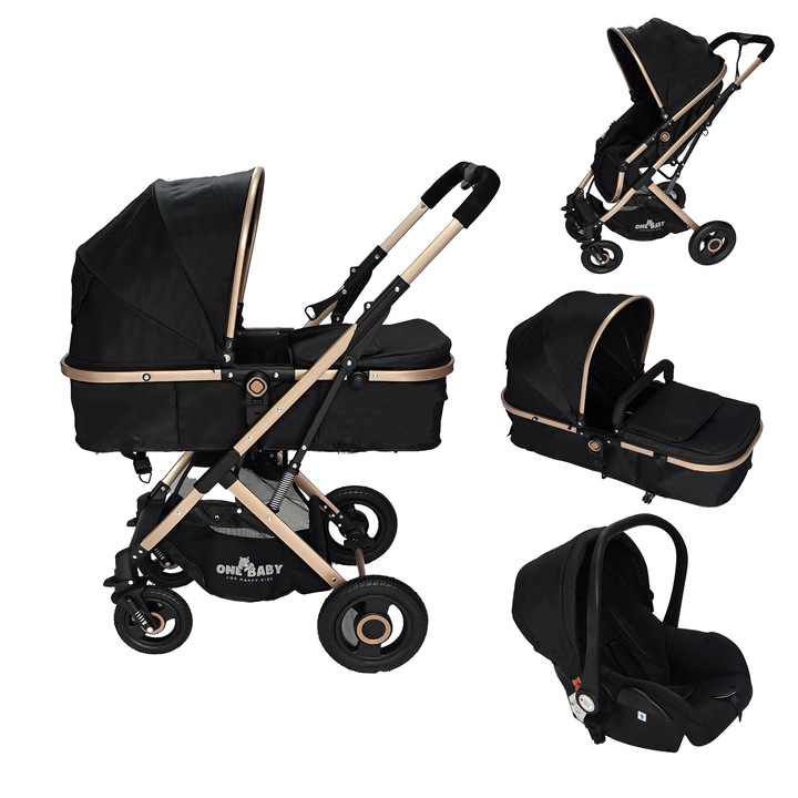 Carucior pentru copii 3 in 1 ONEBABY, Negru, Cu suspensii, Landou reversibil, Scaun auto, Salteluta moale, Varsta 0 - 36 luni