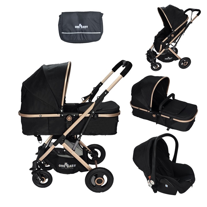 Carucior pentru copii 3 in 1 ONEBABY, Negru, Cu suspensii, Landou reversibil, Geanta bebe, Scaun auto, Salteluta moale, Varsta 0 - 36 luni