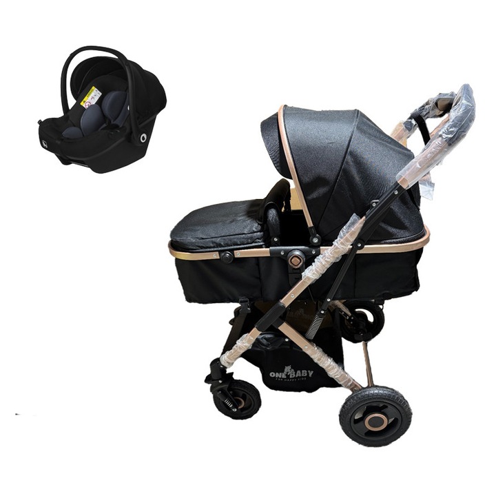 ONEBABY Бебешка количка 3 в 1, черна, с окачване, реверсивна кошница, столче за кола, мек матрак, възраст 0 - 36 месеца