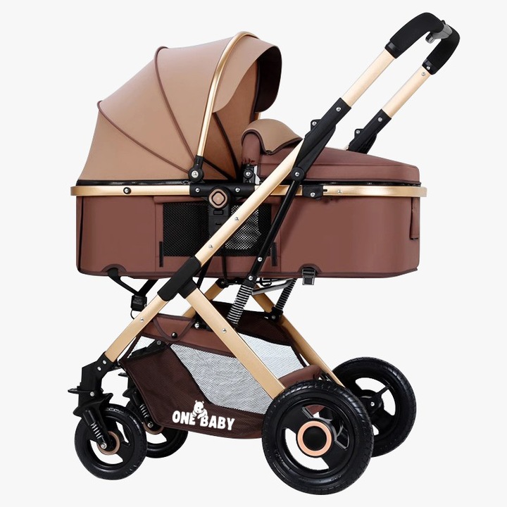 Carucior pentru copii 3 in 1 ONEBABY, Gold, Cu suspensii, Landou reversibil, Scaun auto, Salteluta moale, Varsta 0 - 36 luni
