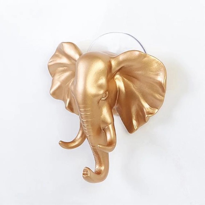 Carlig de perete adeziv cap elefant, auriu, 10.5x10cm