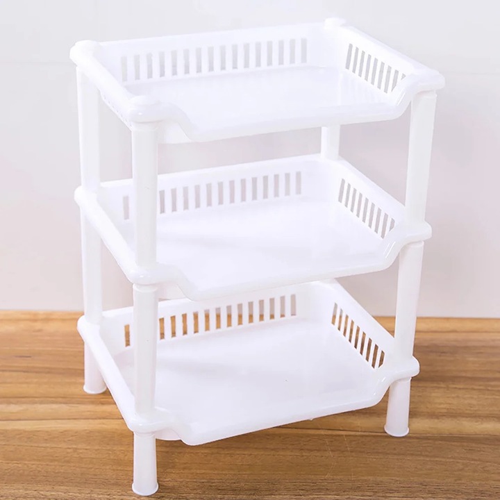 Raft colt plastic 3 niveluri, organizator baie bucatarie, alb, 26x18.5x35.5cm