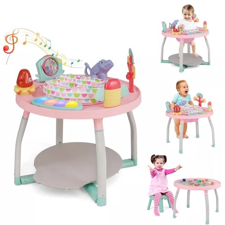 Бебешки джъмпър 5 в 1 с маса и център за занимания WePro Store, музикална постелка, бебешки джъмпър, регулируема височина, въртяща се на 360° седалка, звуци, светлини, атрактивни аксесоари, 6 месеца+, розов