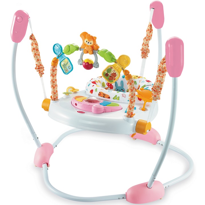 Бебешки джъмпър WePro Store с център за активност, регулируема височина, въртяща се на 360 седалка, звуци, светлини и атрактивни аксесоари, идеален за бебета над 6 месеца, розов