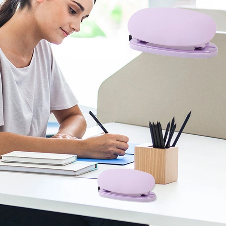 Perforator de birou ZYBLSSBB LSM740-BCS0429515-1, metal, gauri 6 mm, capacitate 8 coli, cu recipient pentru resturi, violet, 12.5x6x4.5 cm