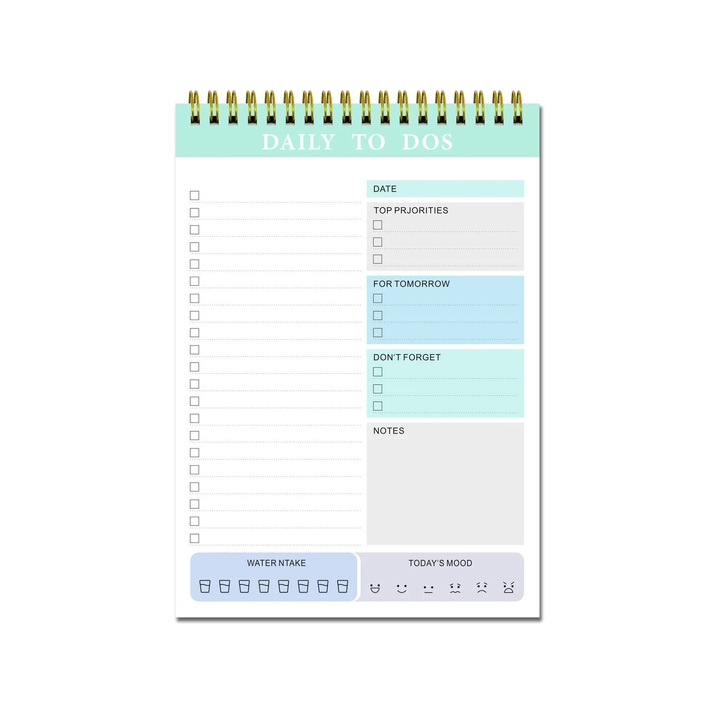 Lista de activitati zilnica ZYBLSSBB, notepad nedatat in spirala cu coperta PVC, A5 14.8 x 21 cm, 60 file
