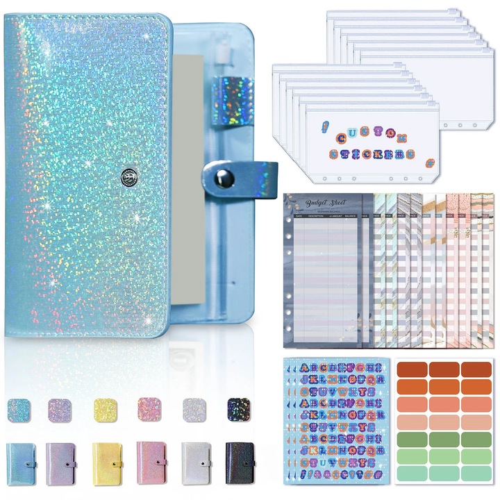 Planner bugetar nedatat ZYBLSSBB LSM2xh639-BCS0285827-1, planner saptamanal si lunar pentru planificare financiara, foi pentru buget si inregistrare cheltuieli, buzunar interior si set accesorii incluse, albastru holografic, A6