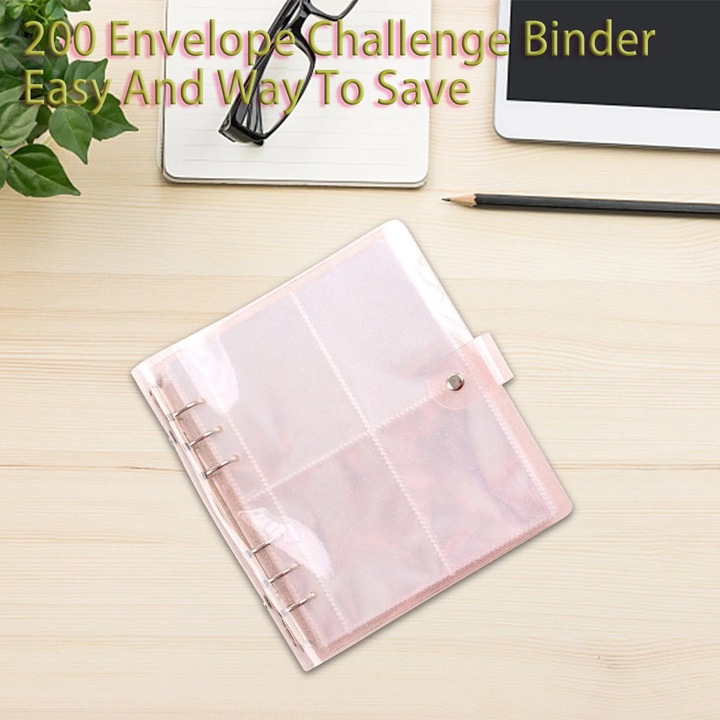 Binder pentru provocarea a 200 de plicuri ZYBLSSBB LSM2xh973-BCS0298721-2, PVC cu buzunare reutilizabile, roz transparent, A5 (9 x 7 inch)
