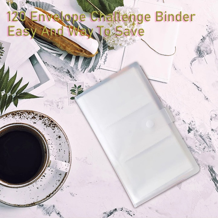 Organizator de buget ZYBLSSBB 240 Envelope Challenge Binder (A5), PVC reutilizabil cu plicuri pentru economii, alb