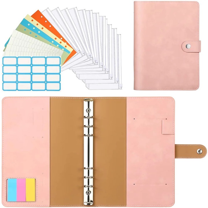 Agenda cu inele ZYBLSSBB LSM2xh1219-BCS0065740, A6, coperta din piele PU, 6 inele, set cu 12 huse PVC si etichete, roz, 190 x 126 mm