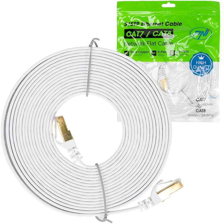 Cablu de retea plat S/STP CAT7 PNI U7050W, 2 x RJ45, 4 perechi de fire, 32AWG, cupru, 10 Gbps, 600 MHz, 5m, alb