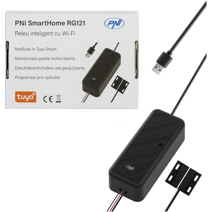 Releu inteligent PNI SmartHome RG121 cu Wi-Fi pentru comanda deschidere usa garaj/poarta, compatibil cu aplicatia Tuya, alimentare 5 V