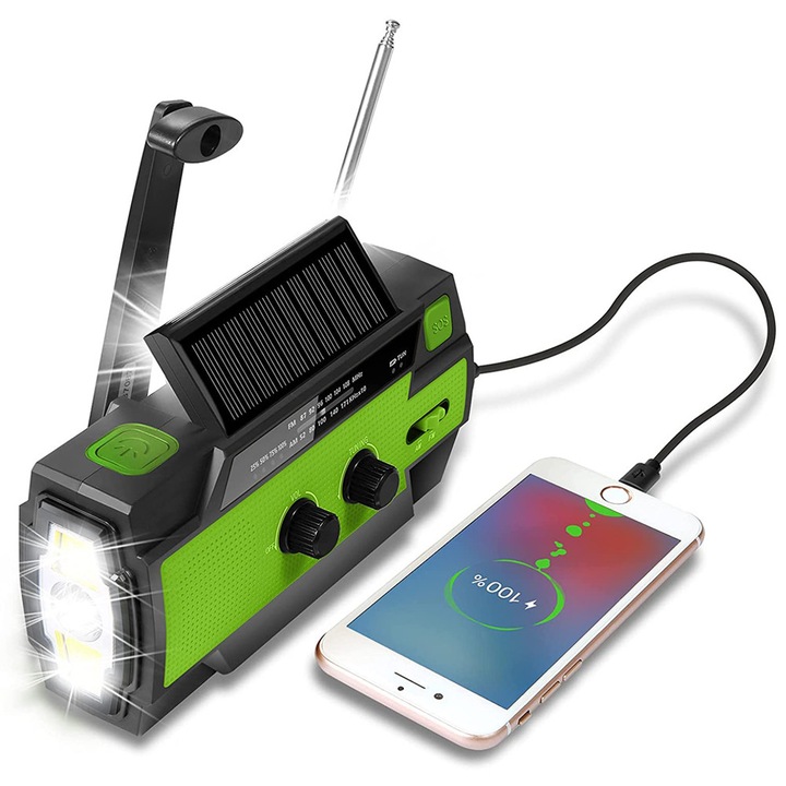 Napelemes rádió, dinamós rádió AM/FM-mel, beépített 2000 mAh-s újratölthető akkumulátor, 4 mód, LED zseblámpa, LED olvasólámpa, SOS riasztás, zöld