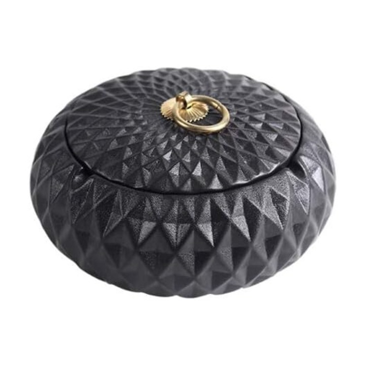 Керамична пепелник, черна, с капак, Enforose, артистичен дизайн, топлоустойчива, 10x10см