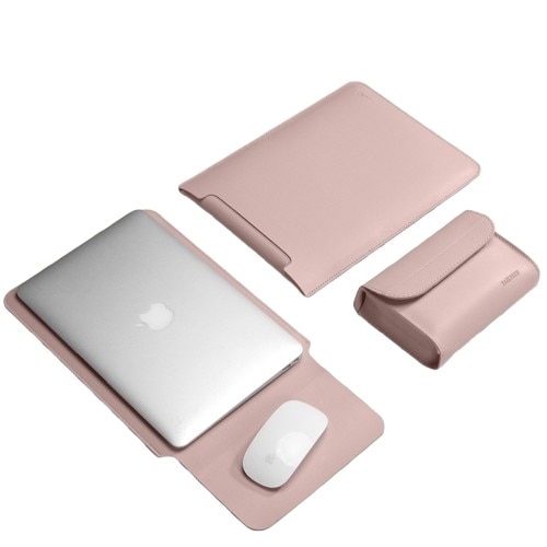 Husa pentru MacBook Pro/Air sau Laptop 14, piele PU, buzunar pentru accesorii si mouse pad incluse, rezistenta la apa, roz