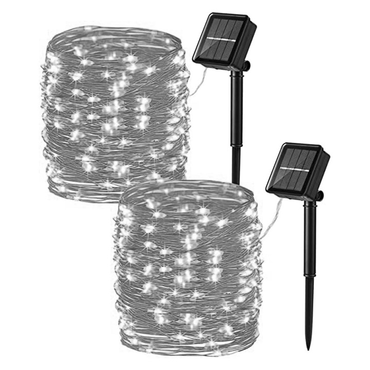 Instalatie luminoasa solara 2 buc 12m 100 LED alb cald 8 moduri