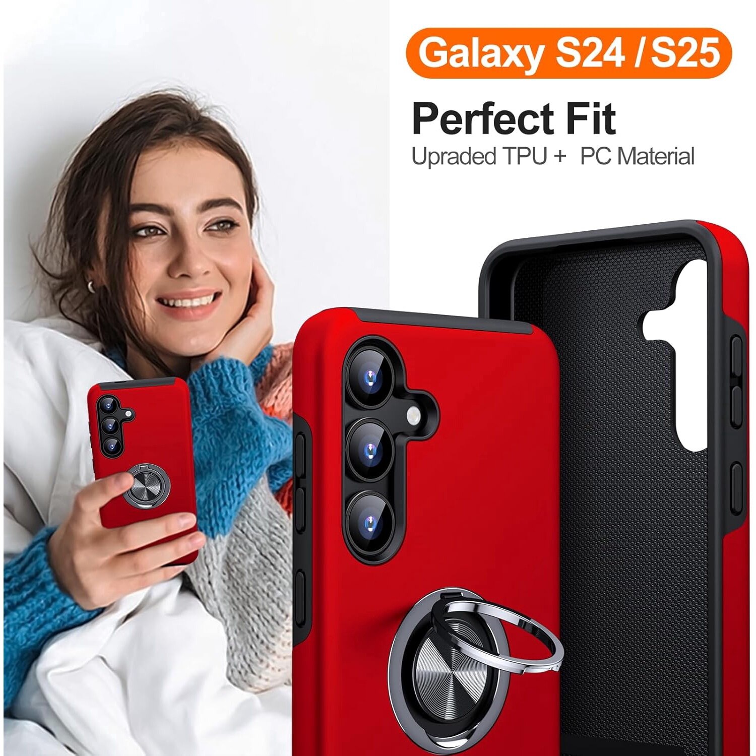 Husa de protectie pentru Samsung Galaxy S25, Hybrid Antisoc, Kickstand, Bumper inel rotativ 360, Red