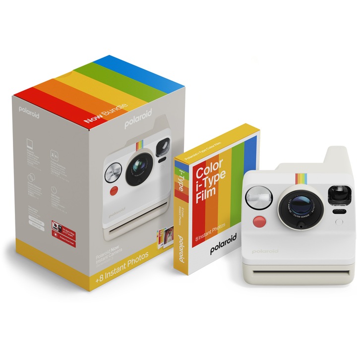 Фотоапарат за моментни снимки Polaroid Now Gen 3, Pebble White + Цветен филм, 8 броя