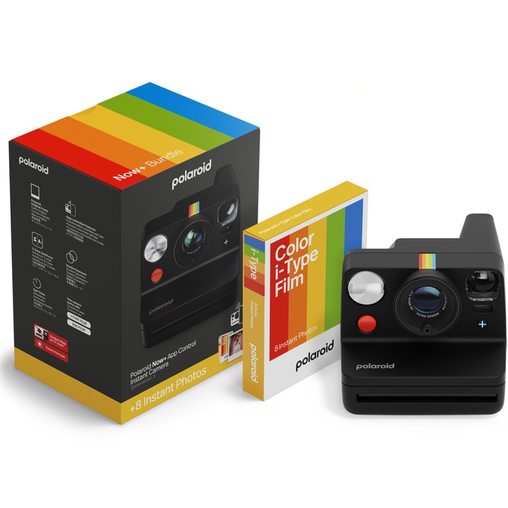 Фотоапарат за моментни снимки Polaroid Now+ Gen 3, Black + Цветен филм, 8 броя