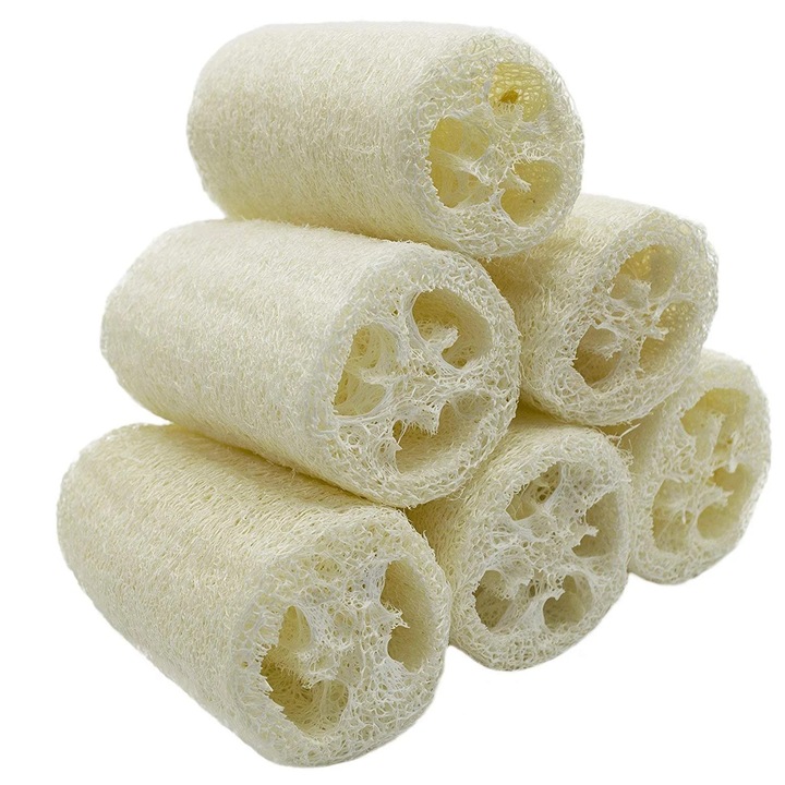 6 darabos természetes luffa fürdőszivacs készlet, méretek 10x5-7cm, multifunkcionális, környezetbarát