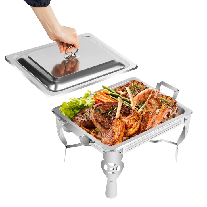 Нагревател за бюфет Chafing Dish, Кетъринг сървър, Неръждаема стомана, 5 L капацитет, Модерен дизайн, За партита и сватби, Сребрист