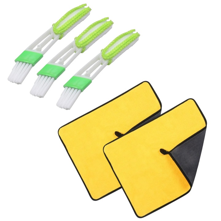 Pachet detailing pensula 2 in 1 cu capat cu 3 lamele invelite in microfibra, 3 buc + 2 lavete microfibra 40x30 galben/gri