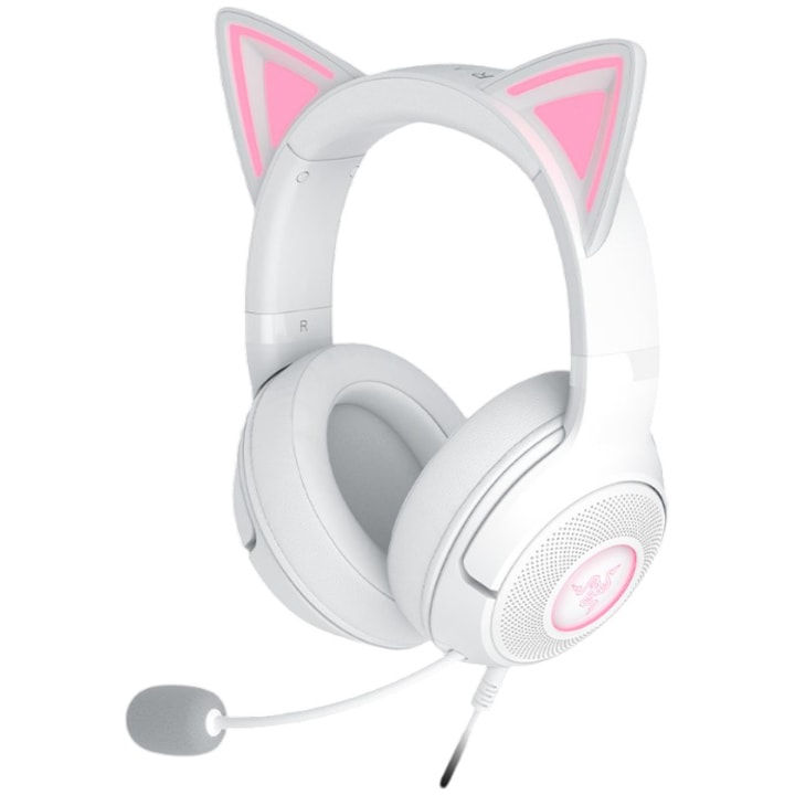 Razer Kraken Kitty V2 vezetékes gamer headset, 92,5 dB SPL / mW @ 1kHz érzékenység és 42 dBV mikrofonérzékenység, fehér