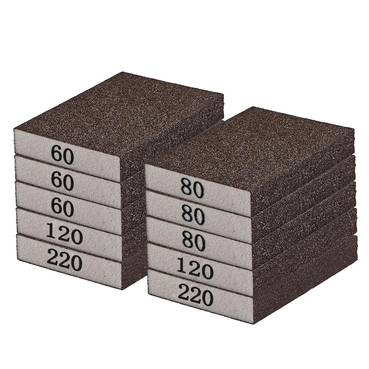Комплект от 10 шлайфащи гъби, ZGGZERG, шлайфмашина за обработка на плоски повърхности, 4 страни, зърнистост 60, 80, 120, 200, многократна употреба, миеща се, за шлайфане на боя, шпакловка, дърво, гъба + шкурка, 100*70*20 мм, кафява