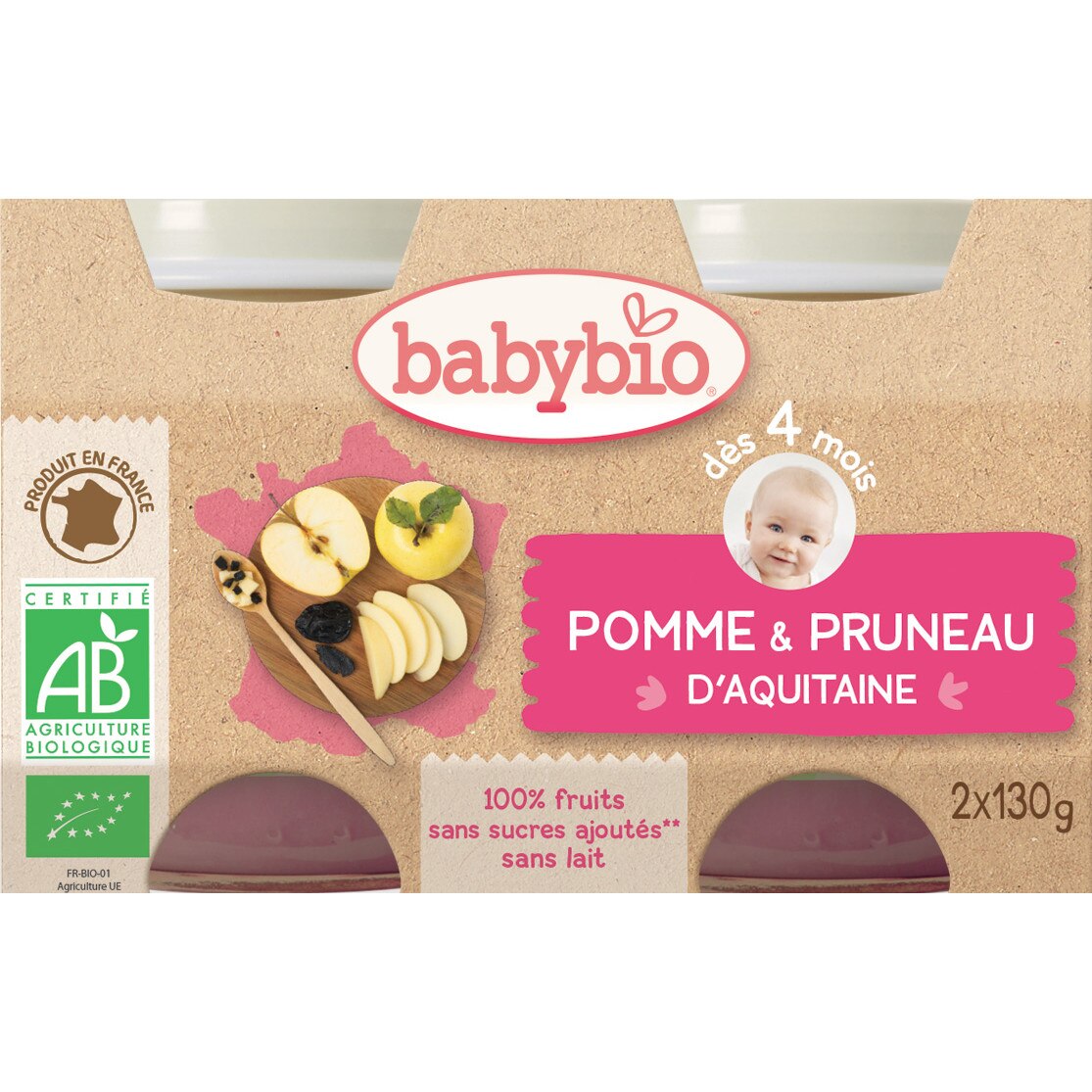 Piure de Mere si Prune uscate 2x130 g Babybio