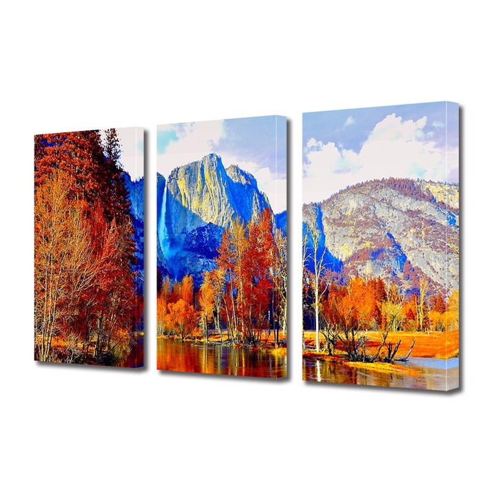 Set Tablouri Multicanvas 3 Piese Peisaj de Toamna cu Cascada in departare, 25 x 45 cm