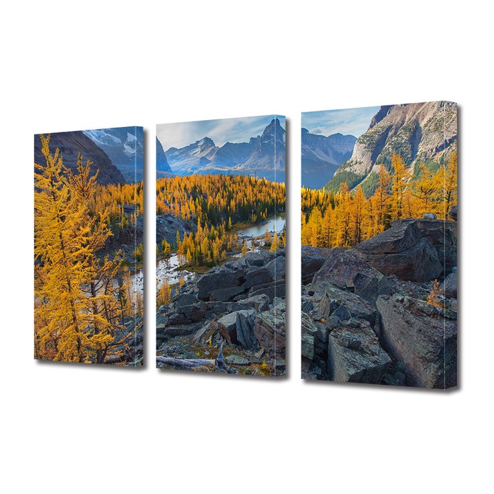 Set Tablouri Multicanvas 3 Piese Peisaj de Toamna cu Valea salbatica a raului, 25 x 45 cm