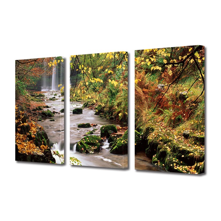 Set Tablouri Multicanvas 3 Piese Peisaj de Toamna cu Parau rapid, 25 x 45 cm
